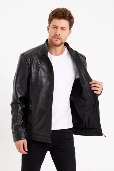 Siyah Renk Üç Cepli İşlemeli Spor Deri Mont - 2