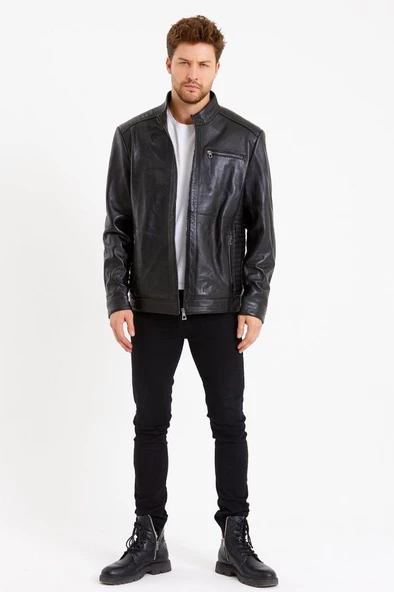 Siyah Renk Üç Cepli İşlemeli Spor Deri Mont - 6