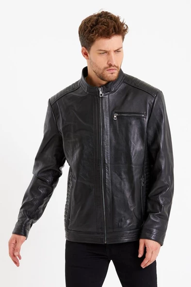 Siyah Renk Üç Cepli İşlemeli Spor Deri Mont - 3