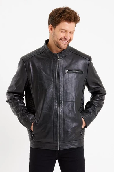 Siyah Renk Üç Cepli İşlemeli Spor Deri Mont - 4