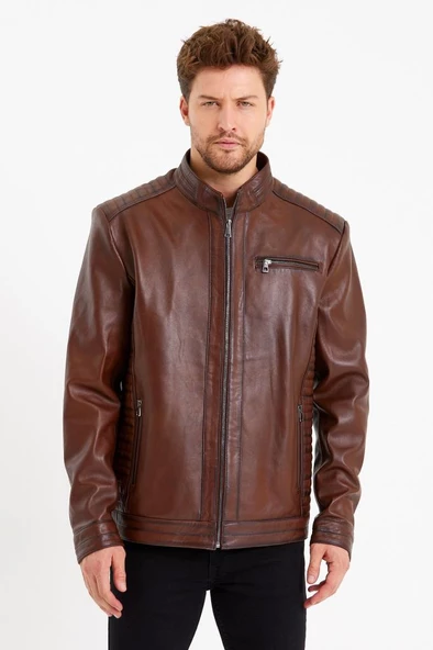 Kiremit Renk Üç Cepli İşlemeli Spor Deri Mont - 4