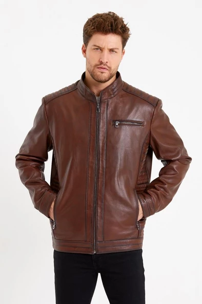 Kiremit Renk Üç Cepli İşlemeli Spor Deri Mont - 6