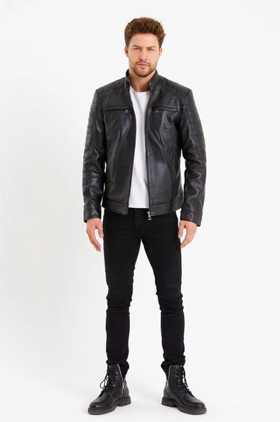 Kol ve Omuz İşlemeli Siyah Renk Spor Model Erkek Mont - 5