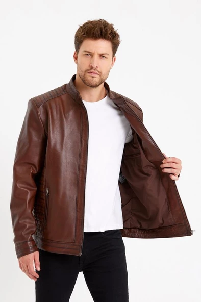 Kiremit Renk Üç Cepli İşlemeli Spor Deri Mont