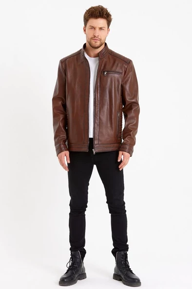 Kiremit Renk Üç Cepli İşlemeli Spor Deri Mont - 2