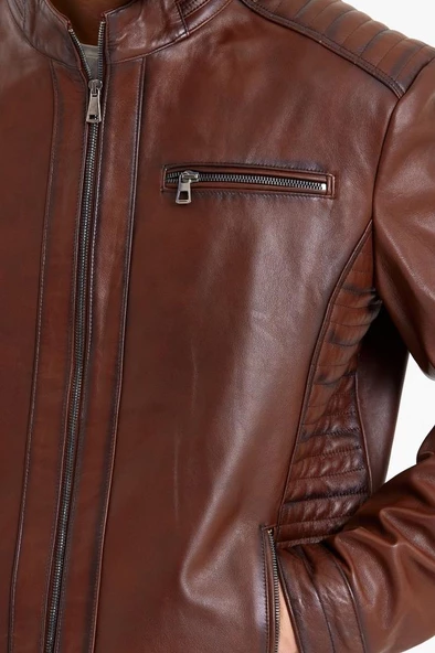 Kiremit Renk Üç Cepli İşlemeli Spor Deri Mont - 3