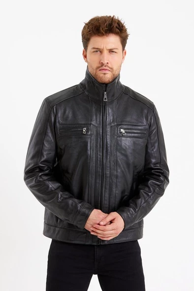 Hakim Yaka Siyah Renk Klasik Spor Erkek Deri Mont - 4