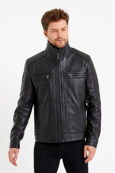 Hakim Yaka Siyah Renk Klasik Spor Erkek Deri Mont - 3