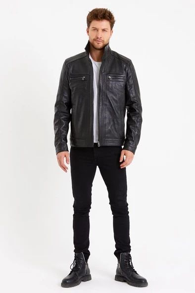 Hakim Yaka Siyah Renk Klasik Spor Erkek Deri Mont - 7