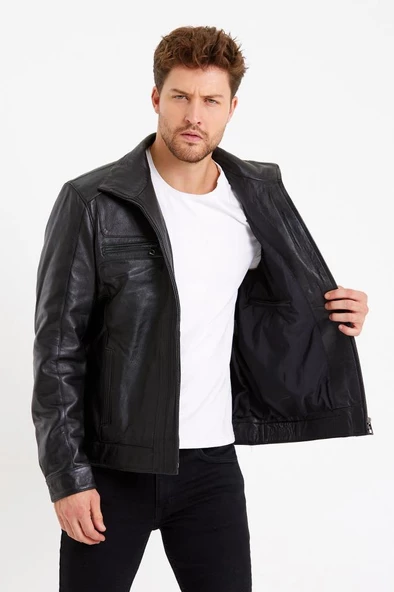 Hakim Yaka Siyah Renk Klasik Spor Erkek Deri Mont - 2