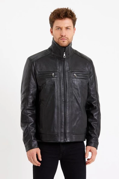 Hakim Yaka Siyah Renk Klasik Spor Erkek Deri Mont - 5