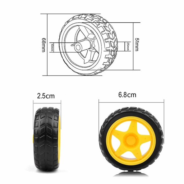 TT Tekerlek 2.5x6,8cm Plastik Sarı Oyuncak Araba Rubber Lastik Robot Tekerlek Akılı Araç Oyuncak - Resim 2