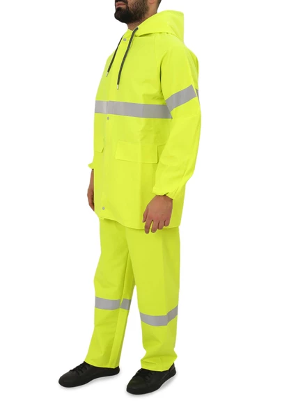 Yüksek Görünümlü Reflektörlü Dikişsiz Fermuarlı Yağmurluk Alt Üst Takım Pvc Su Geçirmez - 2