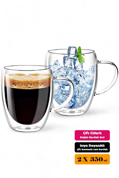 Çift Cidarlı Bardak Kupa 350 ml Ev Ofis Espresso Kahve Çay Fincanı Borosilikat Kulplu Cam Bardak