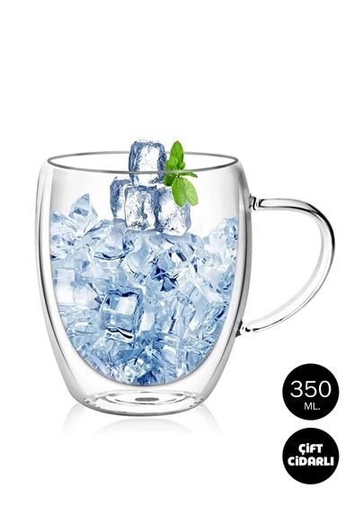 Çift Camlı Çift Cidarlı Cam Kupa 350 ml Ev Ofis Fincanı Çift Katlı Isı Yalıtımlı Kulplu Cam Bardak