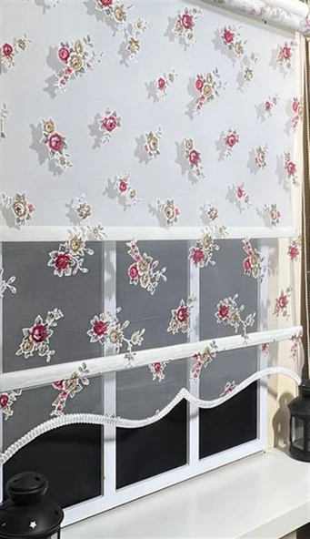 Çift Mekanizmalı Çiçekli Tül Stor ve Ekru Stor Perde ST 045  Ekru 140 x 200