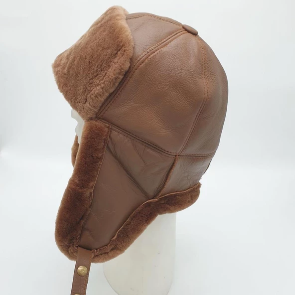 Pilot Model İçi Kürklü Camel Renk Deri Şapka - 11