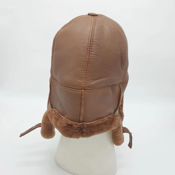 Pilot Model İçi Kürklü Camel Renk Deri Şapka - 2