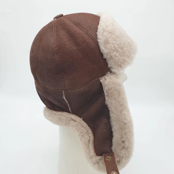 Pilot Model İçi Kürklü Kahve Renk Deri Şapka - 10