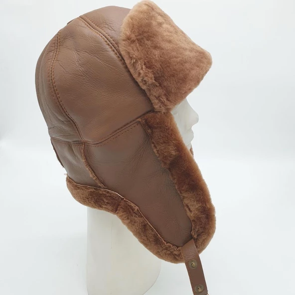 Pilot Model İçi Kürklü Camel Renk Deri Şapka - 8