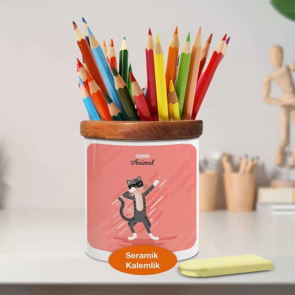 Dabbing Dansı Yapan Sevimli Kedi Ahşap Seramik Kalemlik-2147846567 - 2
