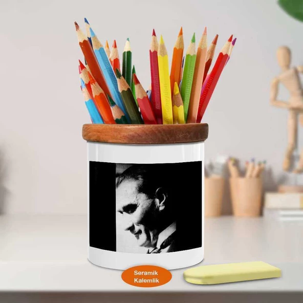 Gülen Yüz Kemal Atatürk Ahşap Seramik Kalemlik - Ataturk (1079)