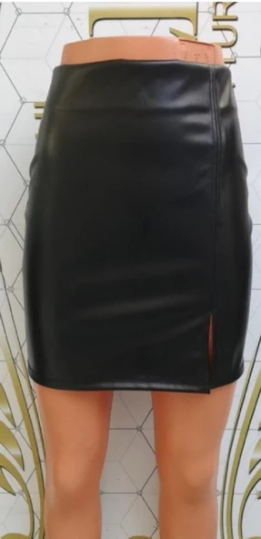 Hipatu Kadın Deri Yırtmaçlı Siyah Etek - 2