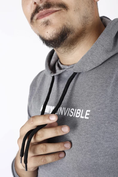 Erkek Füme Invisible Yazılı Kanguru Cep Kapüşonlu Sweatshirt 21ESWTKGVS - 3