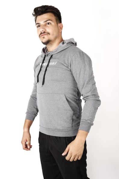 Erkek Füme Invisible Yazılı Kanguru Cep Kapüşonlu Sweatshirt 21ESWTKGVS