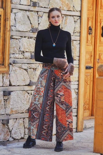 Düşük Bel Düğmeli Bol Paça Pantolon - 2