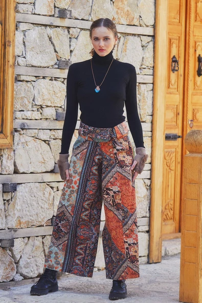 Düşük Bel Düğmeli Bol Paça Pantolon - 3