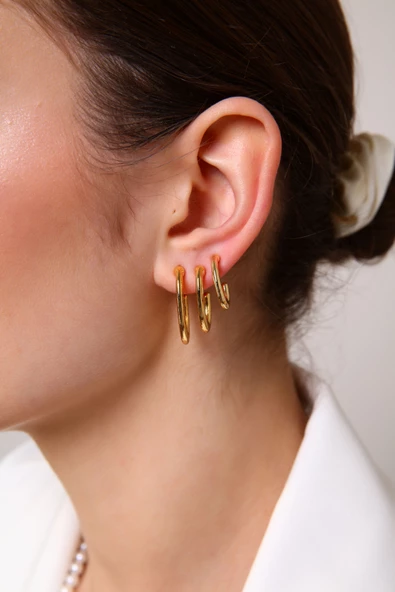 Kadın Gold Renk Oval 3'lü Küpe - 10