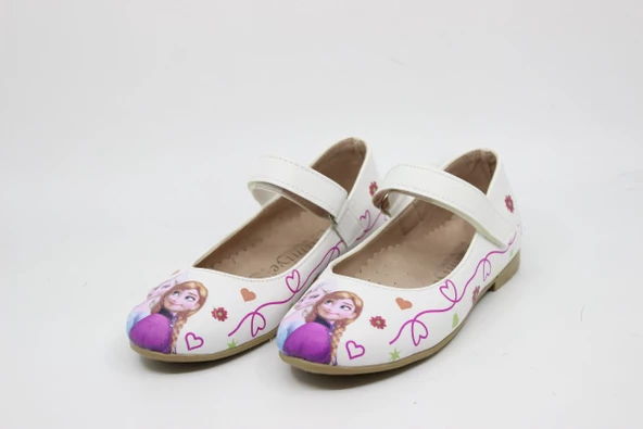 Kız Çocuk - Bebek Beyaz Resim Baskılı Cırtlı Babet - Resim 3