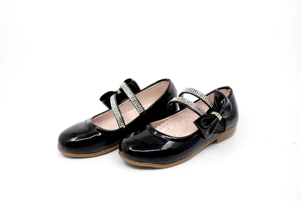 Kız Çocuk Siyah Rugan Taşlı Fiyonklu Cırtlı Babet - Resim 5