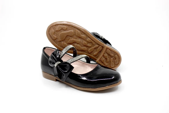 Kız Çocuk Siyah Rugan Taşlı Fiyonklu Cırtlı Babet - Resim 2