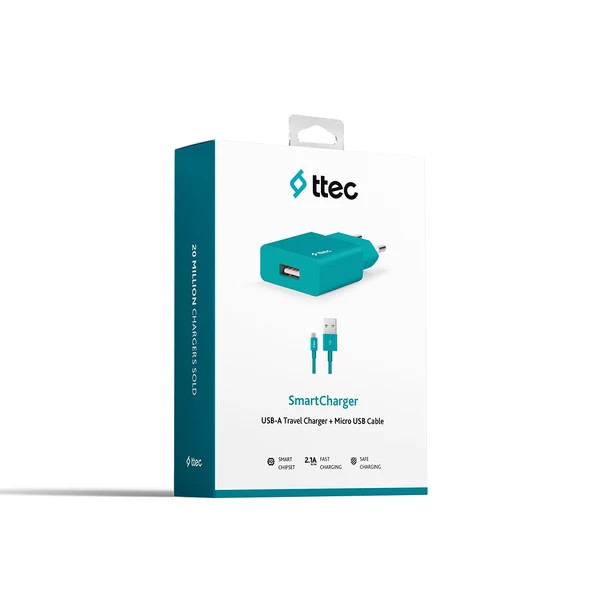 Ttec 2SCS20MTZ SmartCharger 2.1A Seyahat Şarj Aleti + Micro USB Kablo,Turkuaz