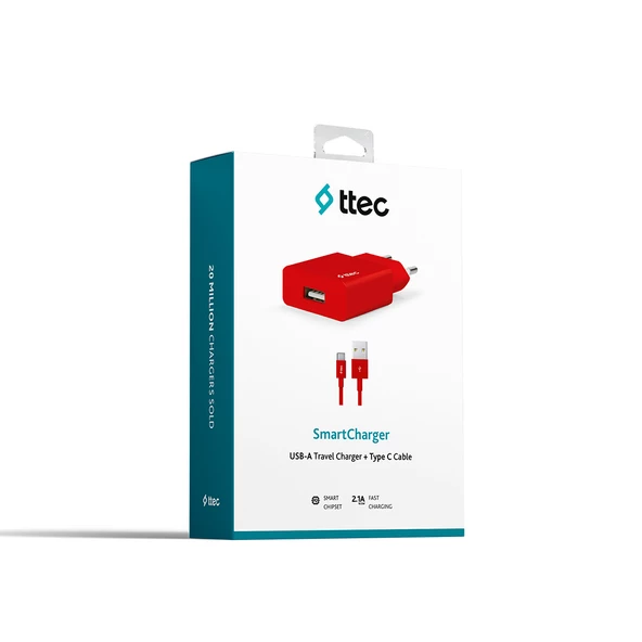 Ttec 2SCS20CK SmartCharger 2.1A Seyahat Şarj Aleti + Type-C Kablo,Kırmızı