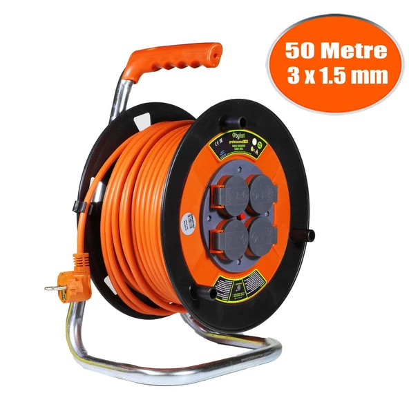 Bylion 50 Metre 3x1.5 mm Seyyar Makaralı Uzatma Kablosu Kapaklı Termal Sigortalı
