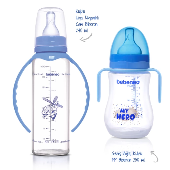 Isıcam Kulplu Biberon 240 ml & Geniş Ağız Kulplu PP Biberon 250 ml İkili Ekonomik Biberon Seti