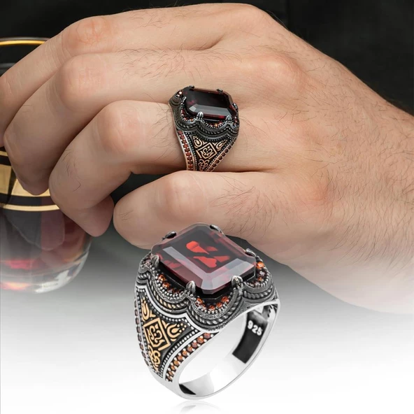 Kare Kırmızı Taşlı 925 Gümüş Erkek Yüzük - Resim 10