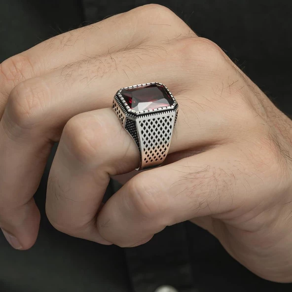 Kare Kırmızı Taşlı 925 Gümüş Erkek Yüzük - Resim 4