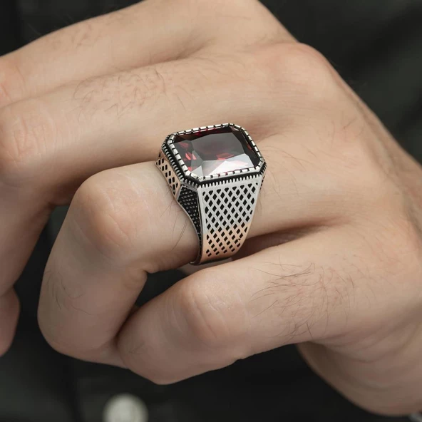 Kare Kırmızı Taşlı 925 Gümüş Erkek Yüzük - Resim 6