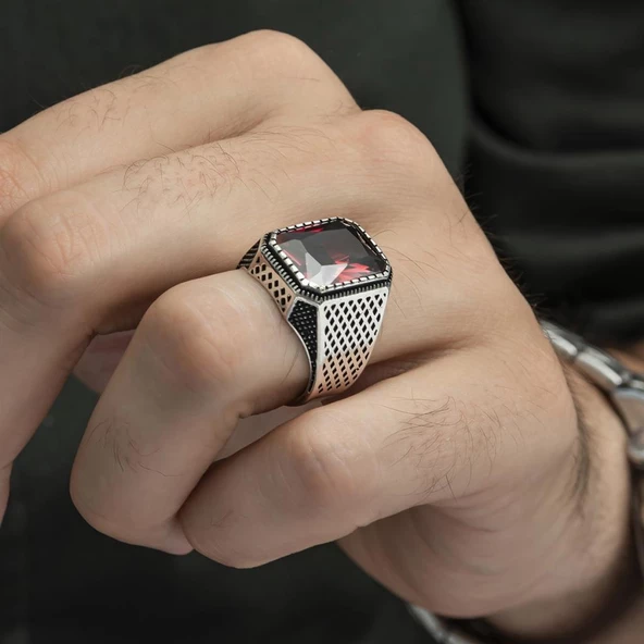 Kare Kırmızı Taşlı 925 Gümüş Erkek Yüzük - Resim 7