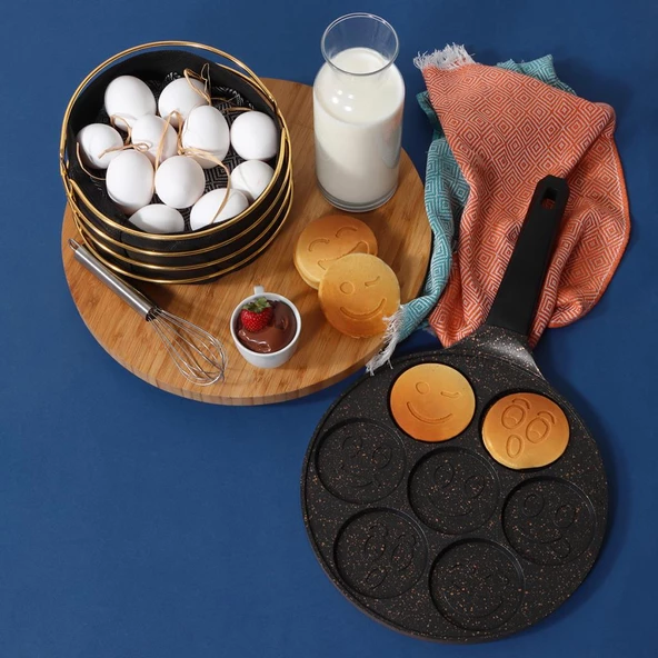 Serenk Fun Cooking Gülen Yüz Alüminyum Döküm Granit Kaplama Pankek Tava 26 cm Sarı - 6