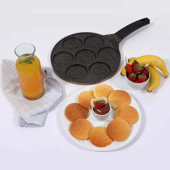 Serenk Fun Cooking Gülen Yüz Alüminyum Döküm Granit Kaplama Pankek Tava 26 cm Sarı - 5
