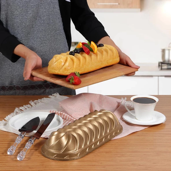 Serenk Fun Cooking Baton Alüminyum Döküm Granit Kaplama Kek Kalıbı 34 cm Sarı - 4