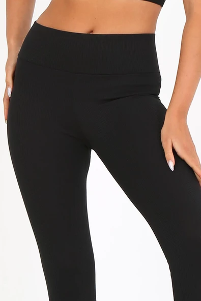 AuraFit ART-4102 Yüksek Bel Fitilli Toparlayıcı İnterlok Beli Kalın Lastikli Kadın Örme Tayt - 4