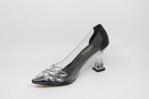 Zerhan Kadın Sivri Burun Şeffaf Kadeh Topuk Siyah Astarlı Taşlı Abiye Ayakkabı CYS2001 - Resim 2