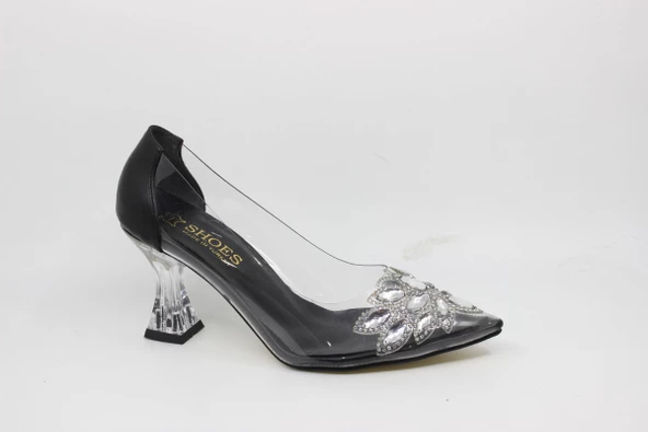 Zerhan Kadın Sivri Burun Şeffaf Kadeh Topuk Siyah Astarlı Taşlı Abiye Ayakkabı CYS2001 - Resim 5