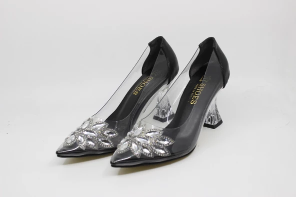 Zerhan Kadın Sivri Burun Şeffaf Kadeh Topuk Siyah Astarlı Taşlı Abiye Ayakkabı CYS2001 - Resim 7